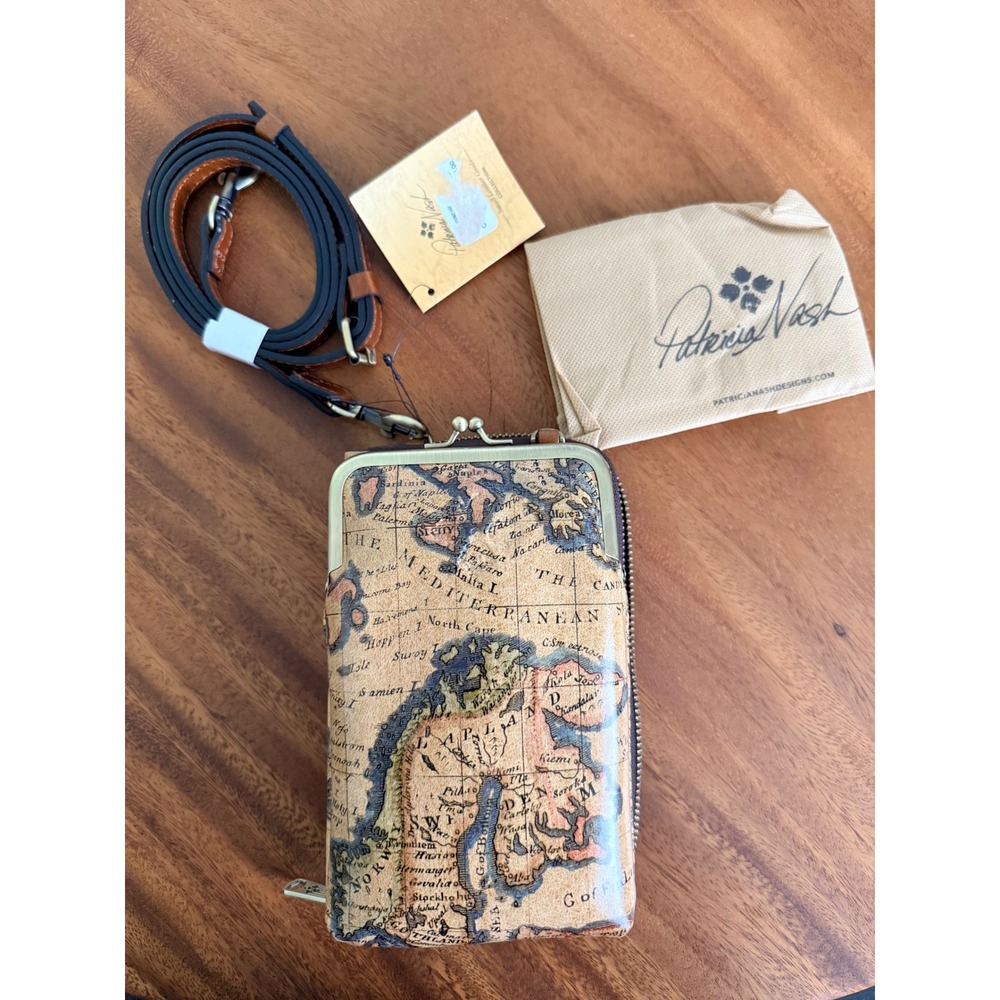 Patricia Nash Pertina Leather European Map Phone Crossbody Frame Wallet NWT